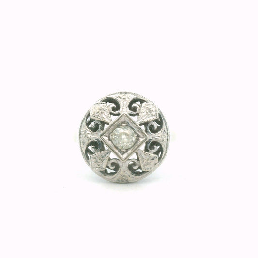 Vintage 14K White Gold Diamond Carved Circle Milgrain Ring