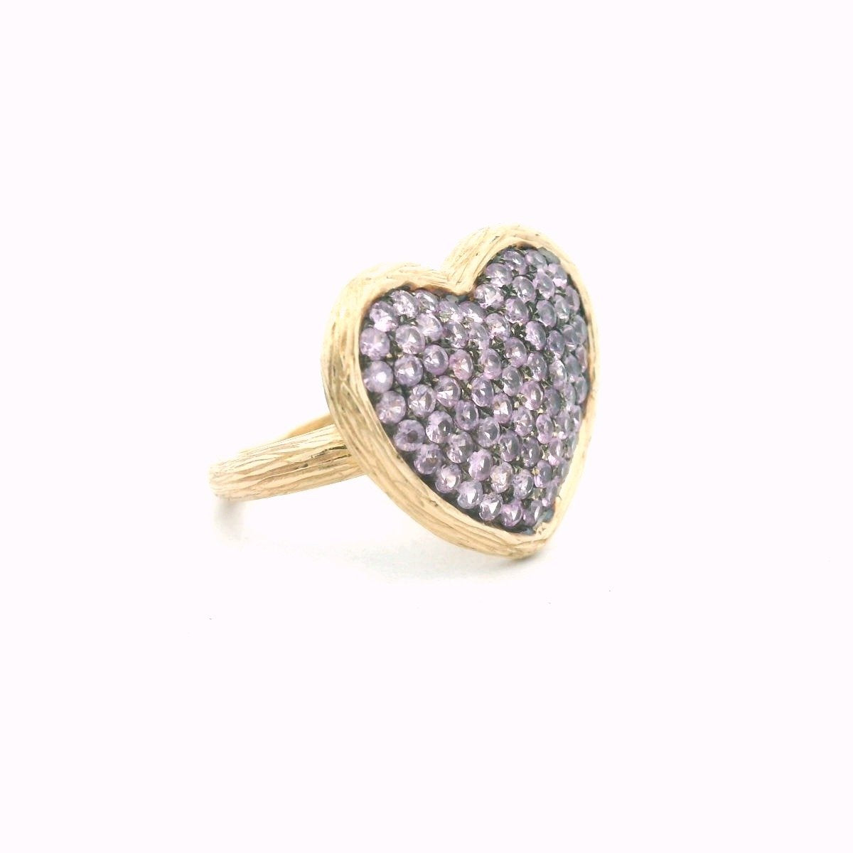 14K Yellow Gold Pave Set Pink Sapphire Textured Heart Ring
