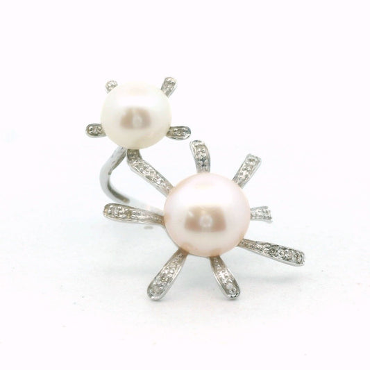14K White Gold Diamond & Cultured Button Pearl Flower Ring