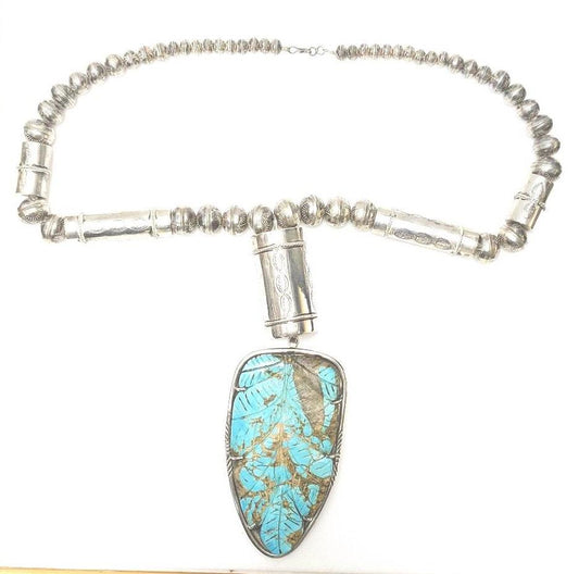 Massive Jerry Roan Sterling Silver Navajo Turquoise Feather Necklace