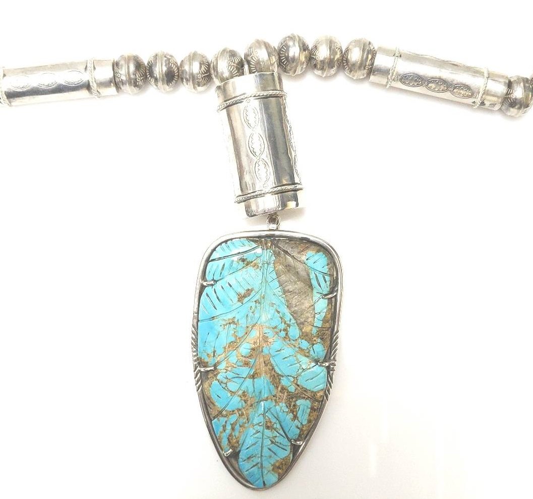 Massive Jerry Roan Sterling Silver Navajo Turquoise Feather Necklace