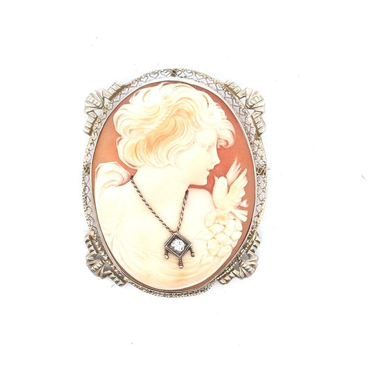 Antique $700 14K White Gold Carved Shell Cameo Diamond Brooch