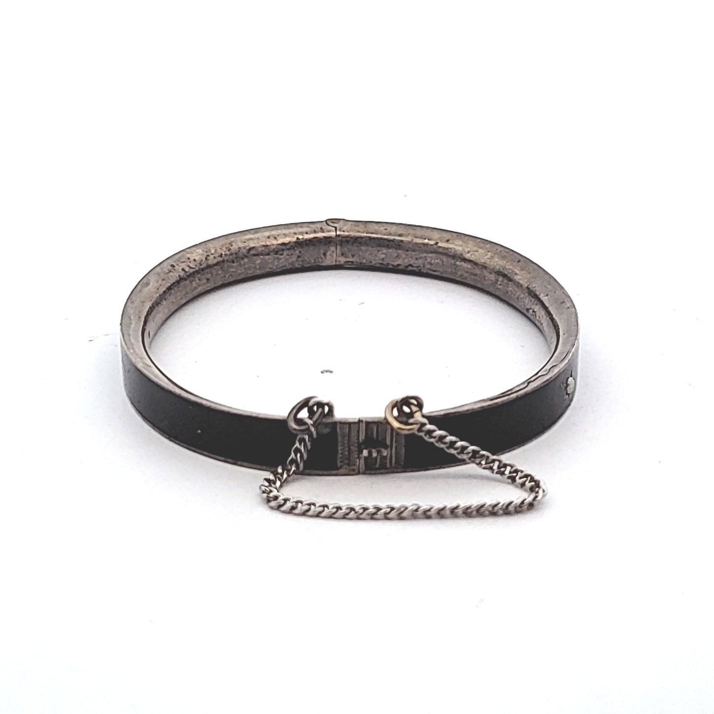 Antique Sterling Silver Black Enamel Seed Pearl Mourning Bangle