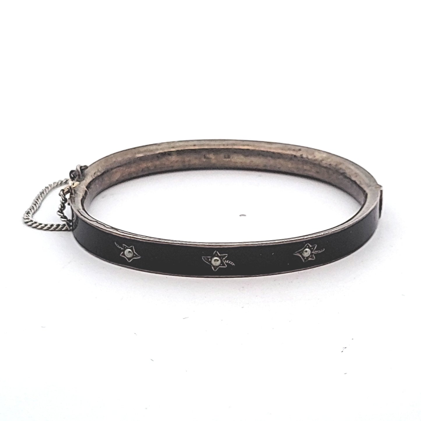 Antique Sterling Silver Black Enamel Seed Pearl Mourning Bangle