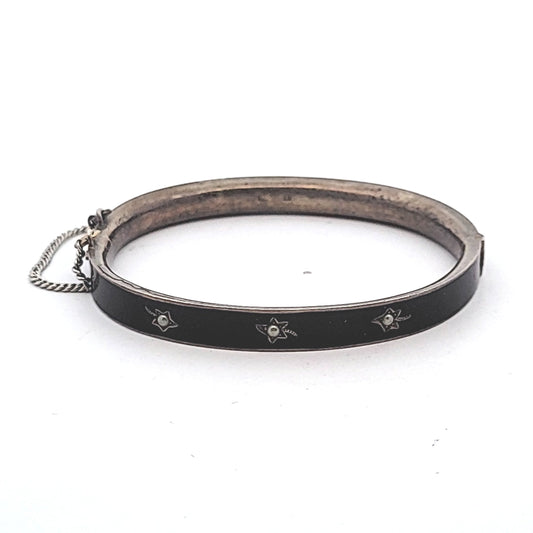 Antique Sterling Silver Black Enamel Seed Pearl Mourning Bangle