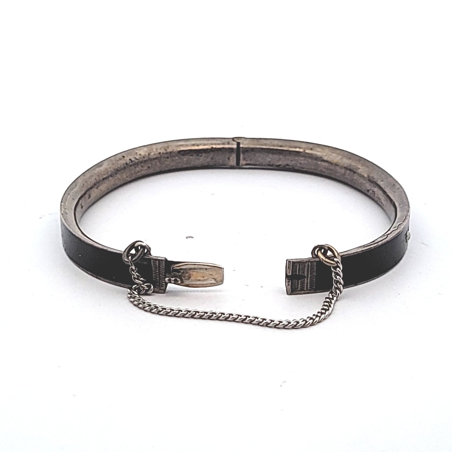 Antique Sterling Silver Black Enamel Seed Pearl Mourning Bangle