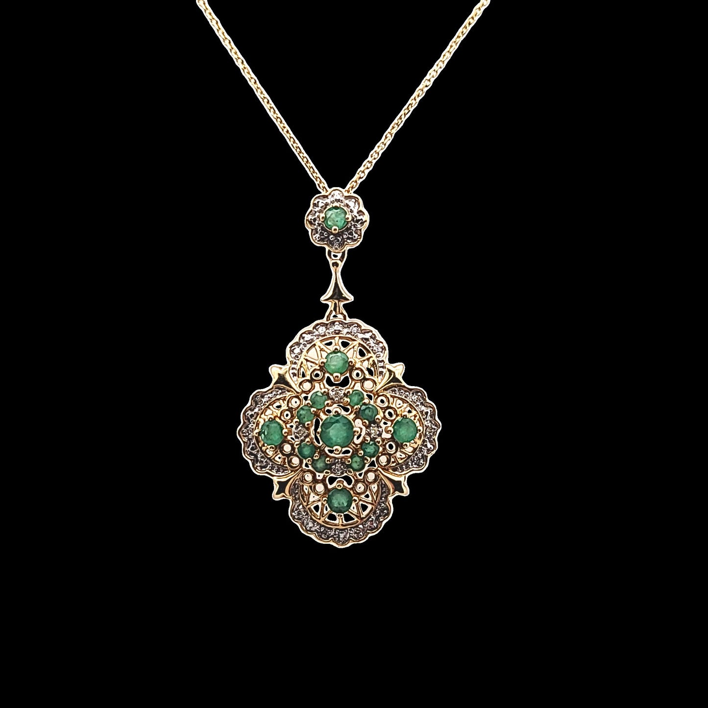 14K Yellow Gold Natural Emerald & Diamond Necklace