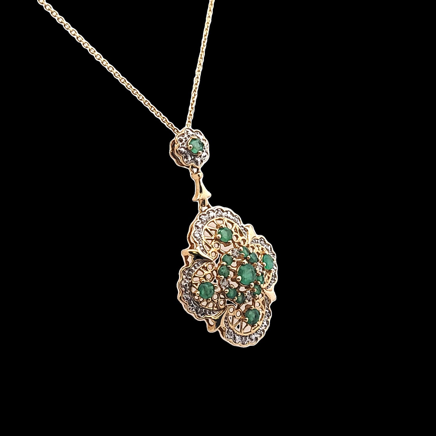 14K Yellow Gold Natural Emerald & Diamond Necklace