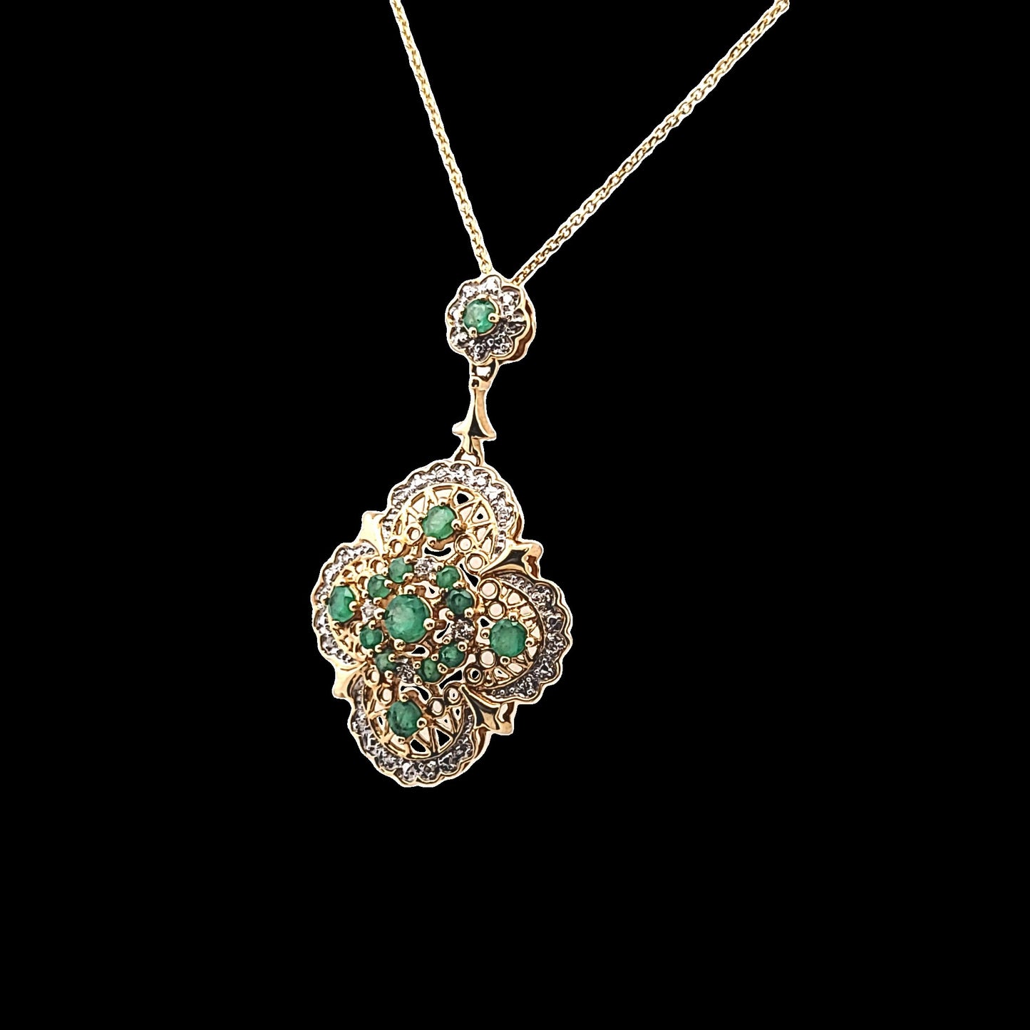 14K Yellow Gold Natural Emerald & Diamond Necklace