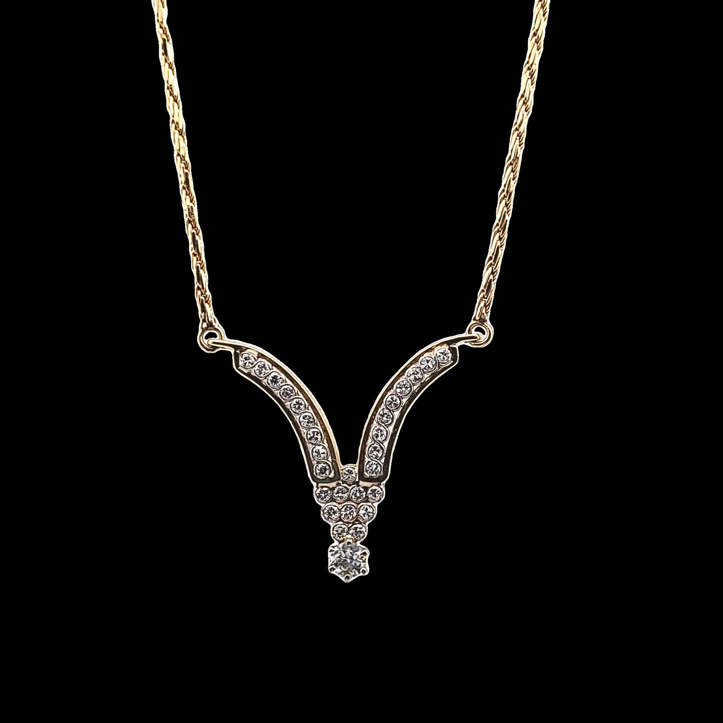 Vintage 14K Two Tone Gold Diamond V Necklace