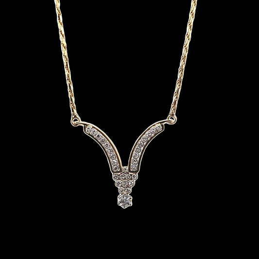 Vintage 14K Two Tone Gold Diamond V Necklace