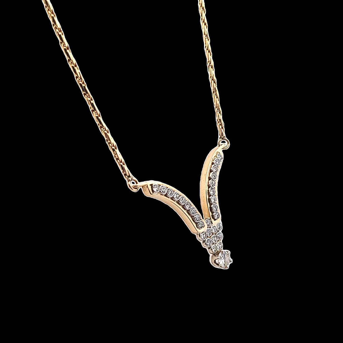 Vintage 14K Two Tone Gold Diamond V Necklace