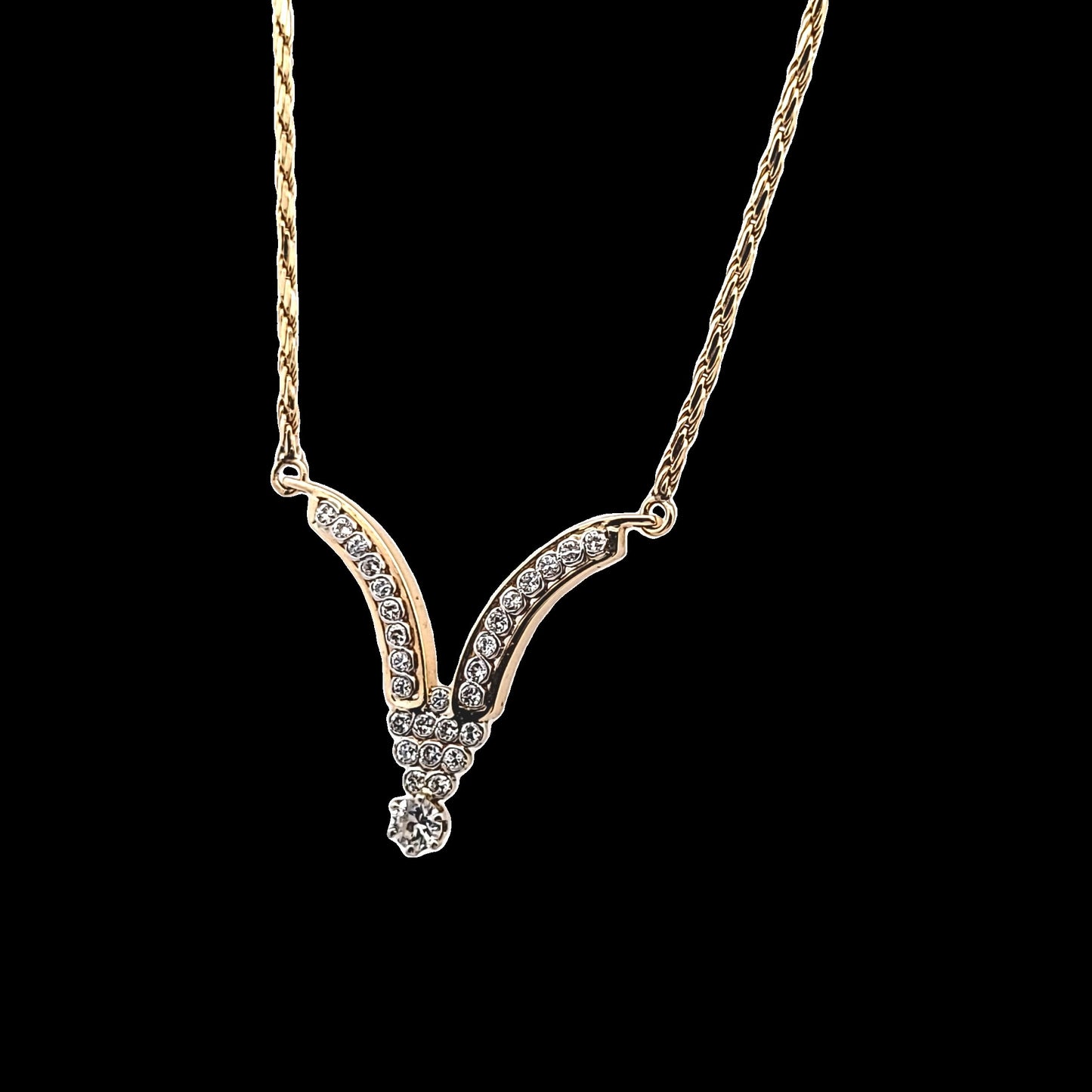 Vintage 14K Two Tone Gold Diamond V Necklace