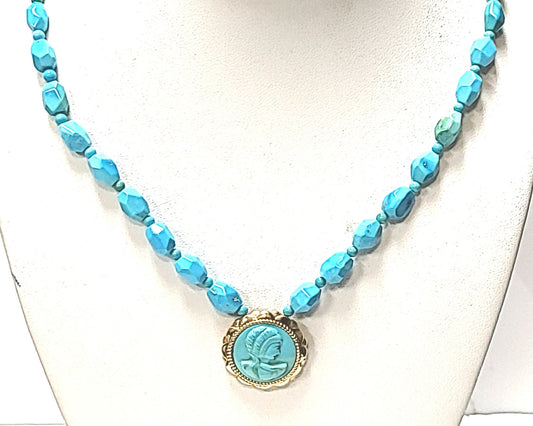 14K Yellow Gold Faceted Turquoise Bead & Cameo Necklace