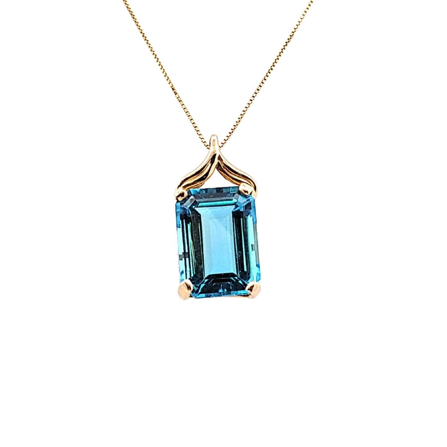 14K Yellow Gold Emerald Cut Blue Topaz Necklace