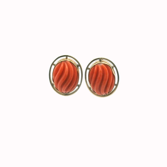 Vintage 14K Yellow Gold Carved Salmon Coral Earrings