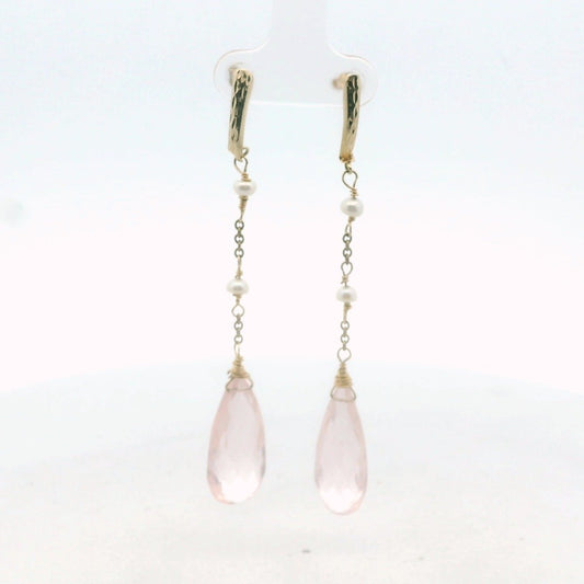 14k Yellow Gold Briolette Cut Rose Quartz & Pearl Dangle Earrings