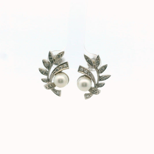 Vintage 14K White Gold Diamond & Pearl Spray Earrings