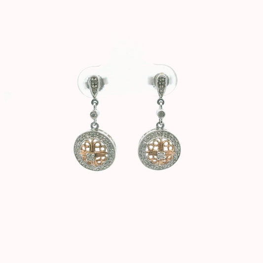 14K Two Tone Gold Diamond Circle Drop Milgrain Earrings