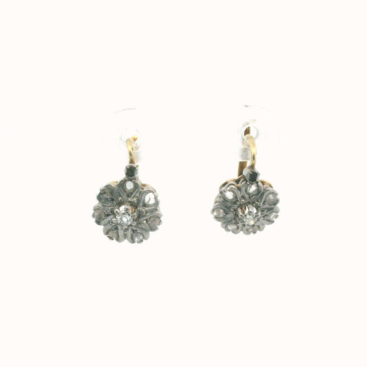 Antique 14K Gold & Platinum Rose Cut Diamond Cluster Earrings