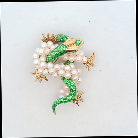 14K Yellow Gold Green Enamel Cultured Pearl Dragon Brooch