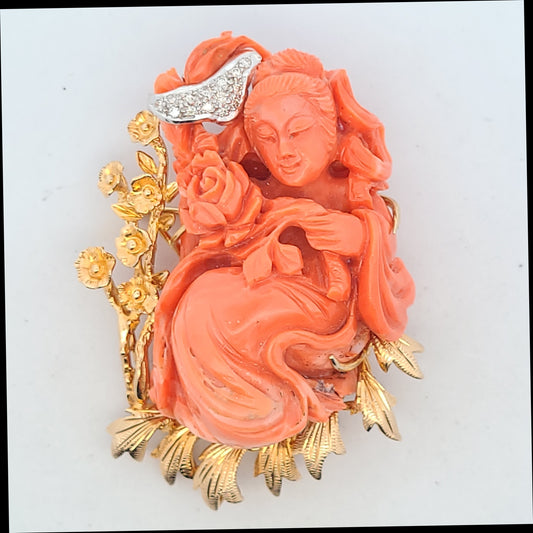 14K Yellow Gold Diamond & Carved Coral Lady With Flowers Brooch