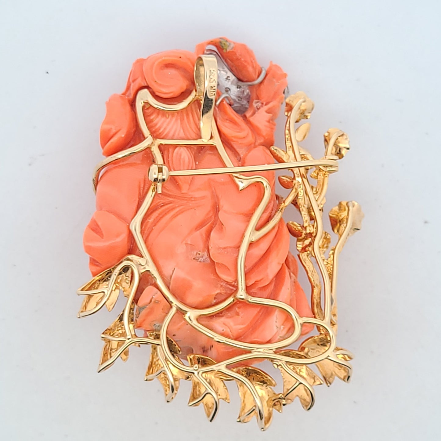 14K Yellow Gold Diamond & Carved Coral Lady With Flowers Brooch