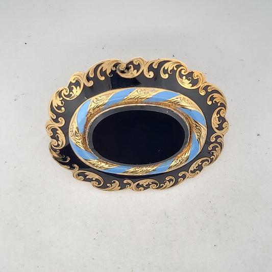 Victorian 9K Yellow Gold Onyx & Enamel Brooch