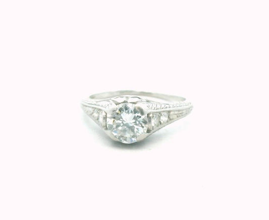 Art Deco Platinum Natural 0.90ct Diamond Engraved Engagement Ring