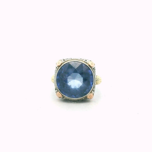Edwardian 14K Tri-Color Gold Lab Created Sapphire Filigree Ring