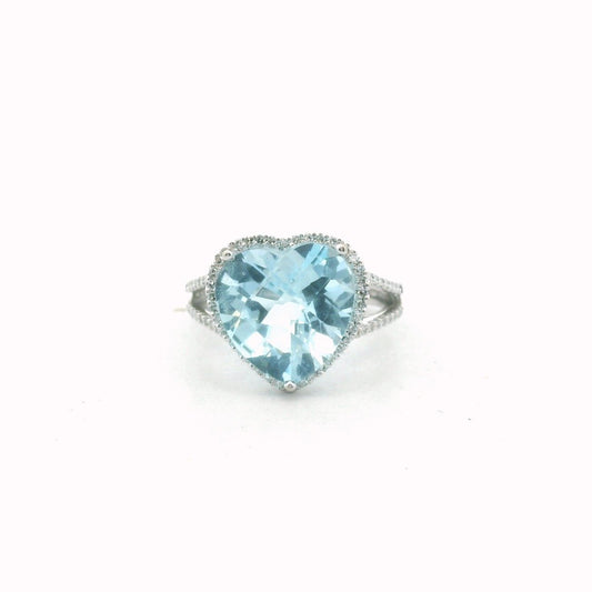 14K White Gold Diamond Blue Topaz Heart Ring