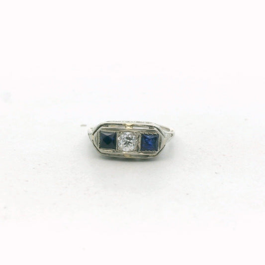 Deco 18K White Gold Diamond & Lab created Sapphire Ring