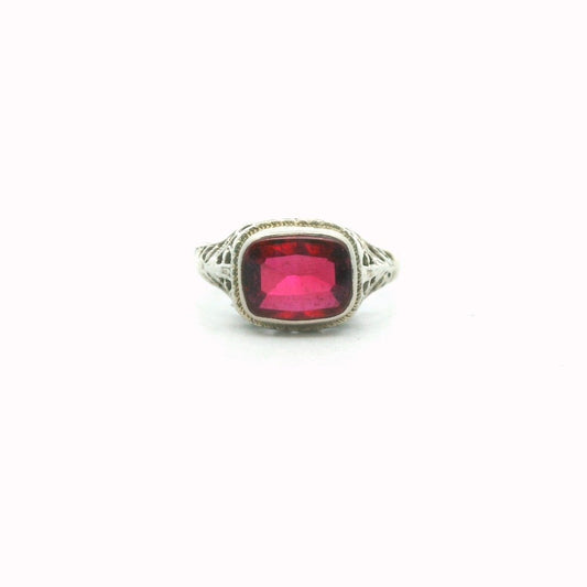 Antique 14K White Gold Lab Created Ruby Filigree Ring