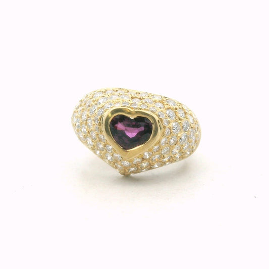 Vintage 18K Yellow Gold Diamond & Heart Shape Ruby Ring