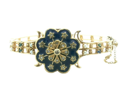 Vintage 14K Yellow Gold Blue Enamel Diamond Sapphire Pearl Watch