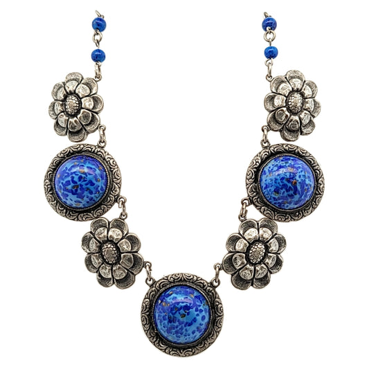 Antique Deco Silver Plated Blue Czech Glass Flower Necklace
