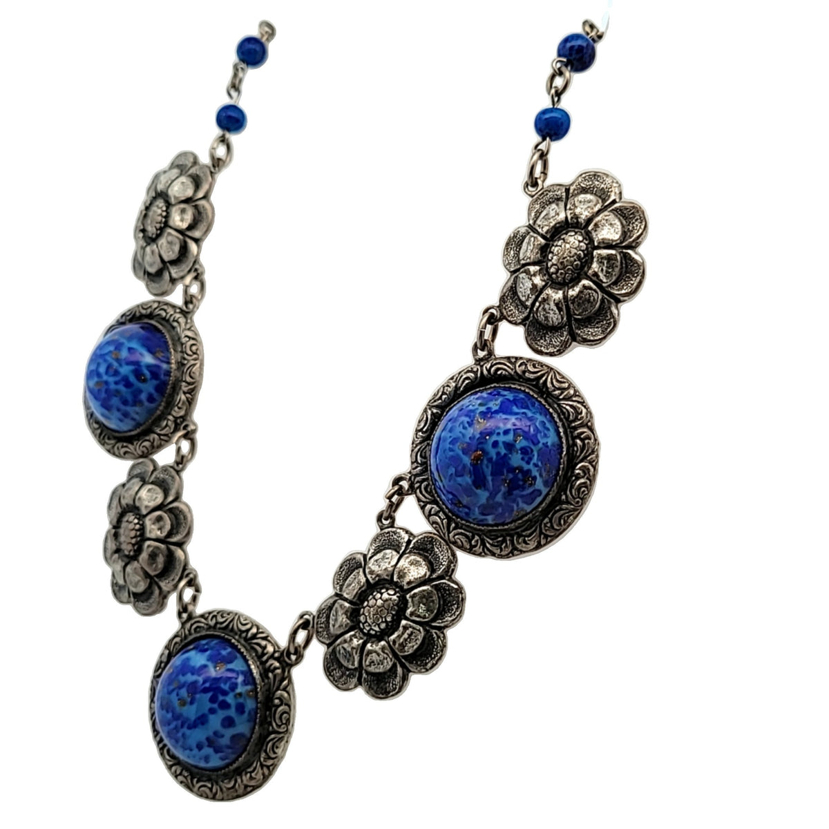 Antique Deco Silver Plated Blue Czech Glass Flower Necklace