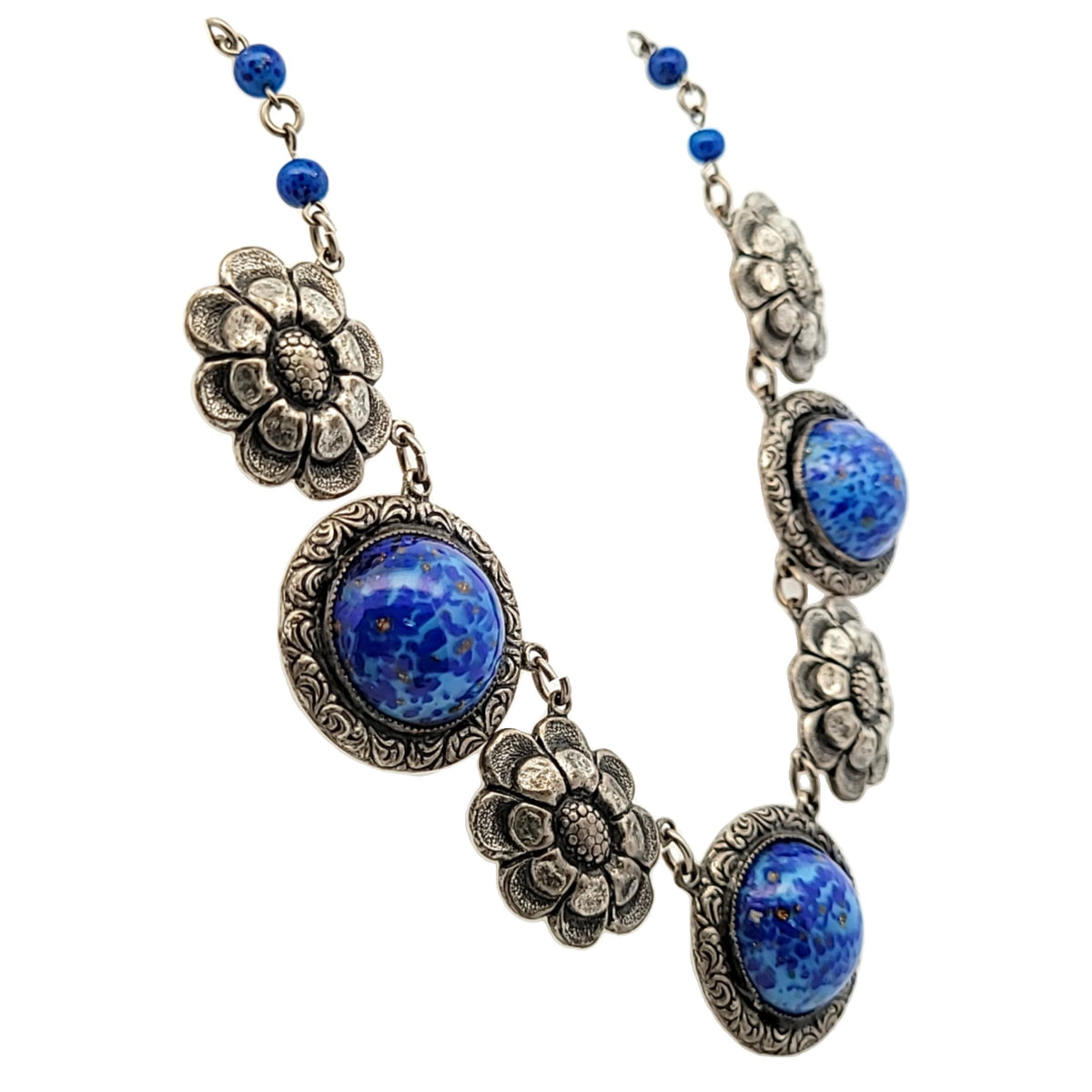Antique Deco Silver Plated Blue Czech Glass Flower Necklace