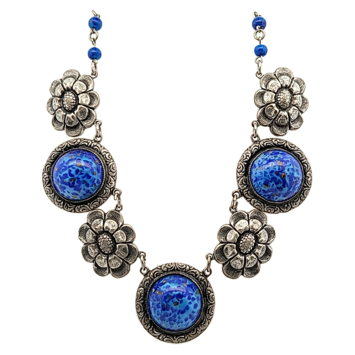 Antique Deco Silver Plated Blue Czech Glass Flower Necklace