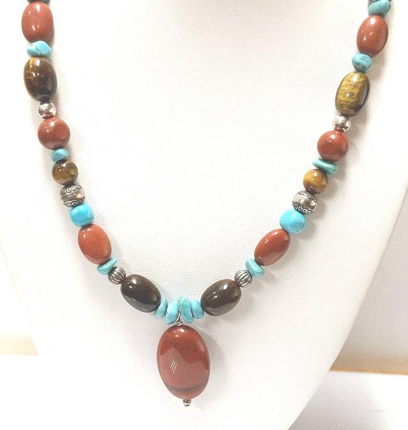 Carolyn Pollack Sterling Jasper Tigers Eye Quartz Turquoise Necklace