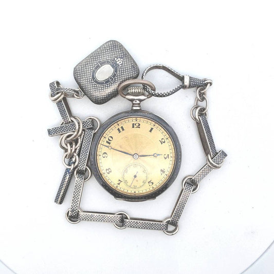 Antique $800 800 Silver Niello Pocket Watch Chain & Fob