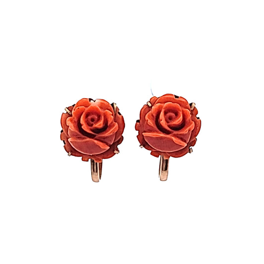 Antique 9K Yellow Gold Carved Coral Rose Screwback Earrings