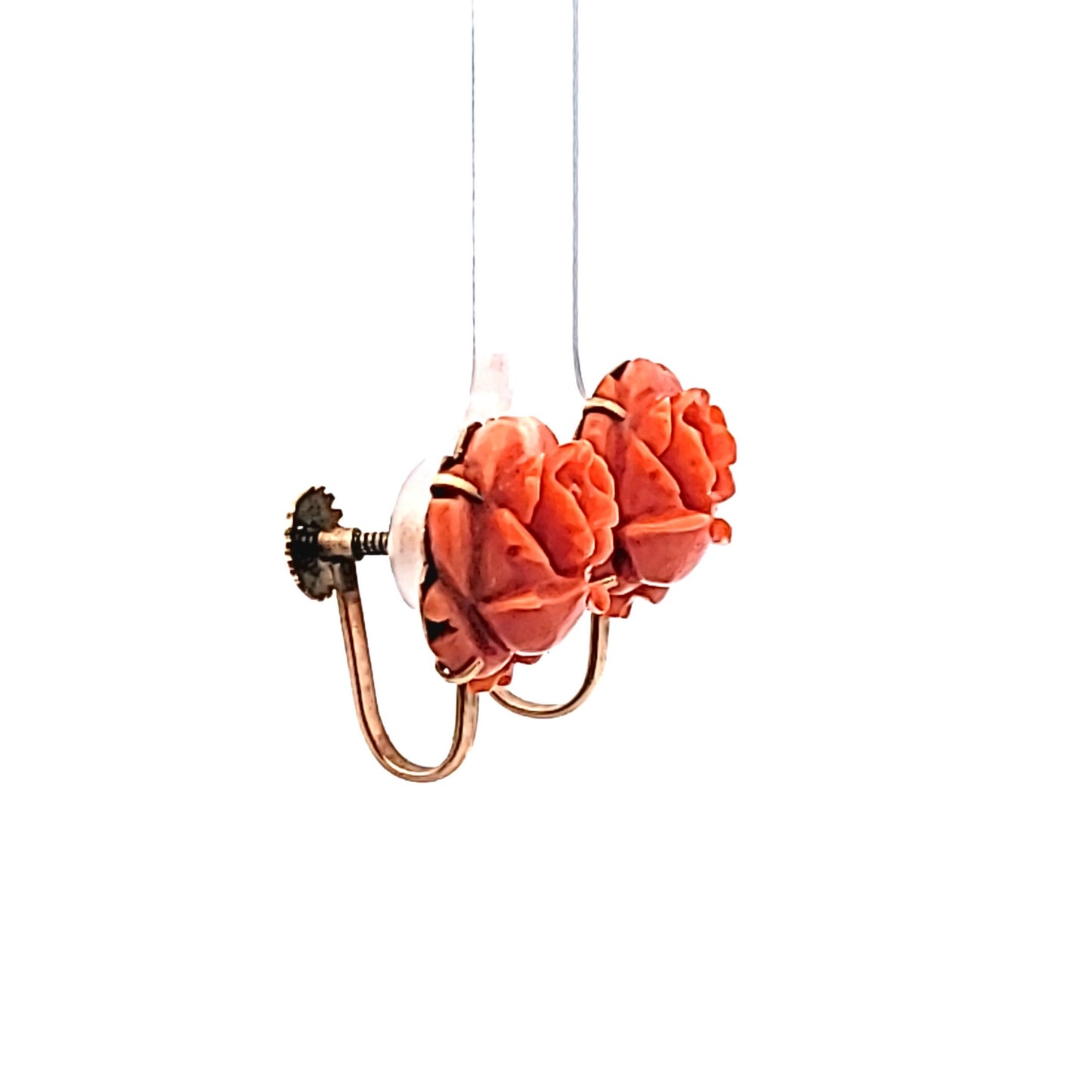 Antique 9K Yellow Gold Carved Coral Rose Screwback Earrings