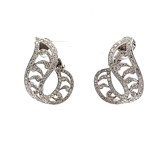 18K White Gold Diamond Ribbon Style Milgrain Design Earrings