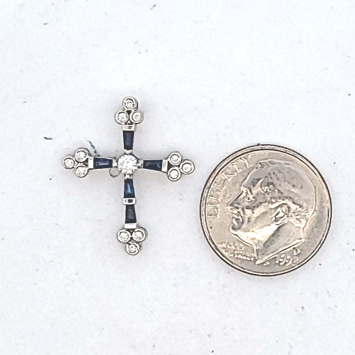 14K White Gold Natural Diamond & Sapphire Cross Pendant