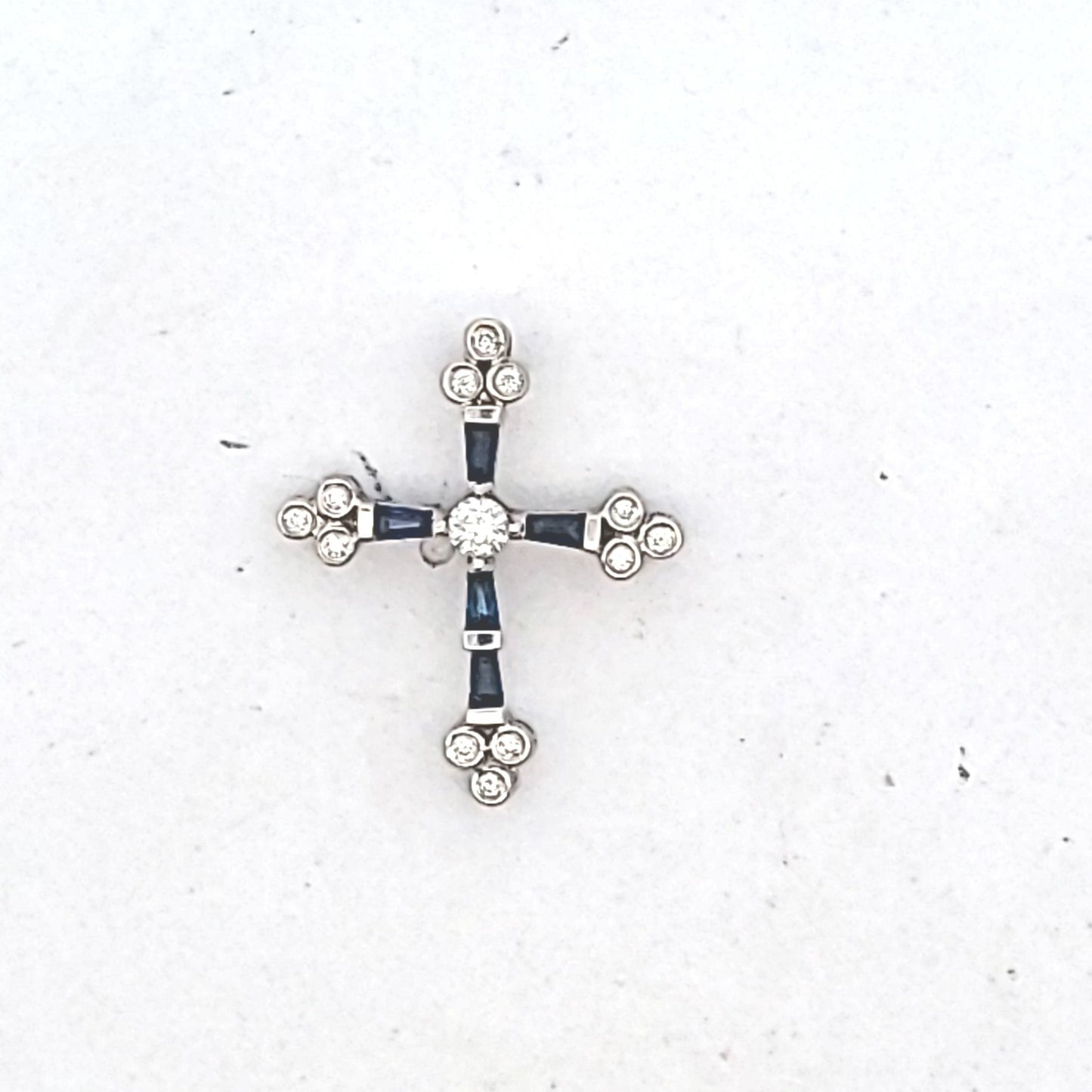 14K White Gold Natural Diamond & Sapphire Cross Pendant
