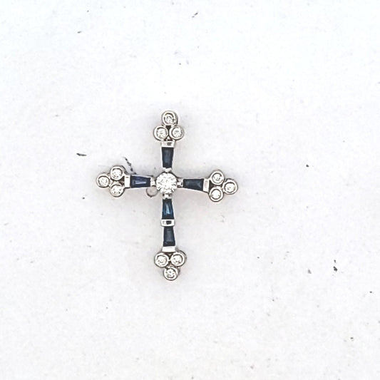 14K White Gold Natural Diamond & Sapphire Cross Pendant