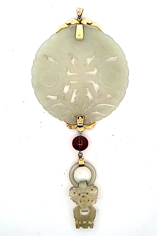 Large 10K Yellow Gold Carved Celadon Jade & Amber Bead Pendant