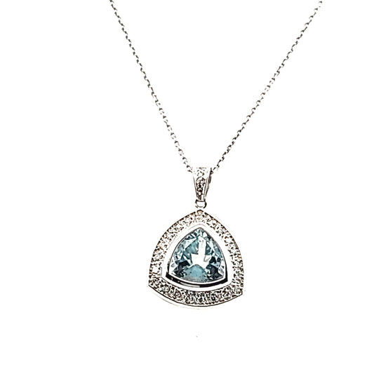 14K White Gold Diamond & Trillion Cut Aquamarine Necklace