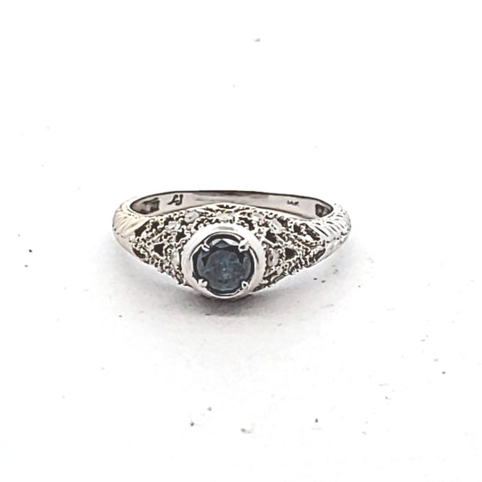 14K White Gold Irradiated Blue & White Diamond Milgrain Ring